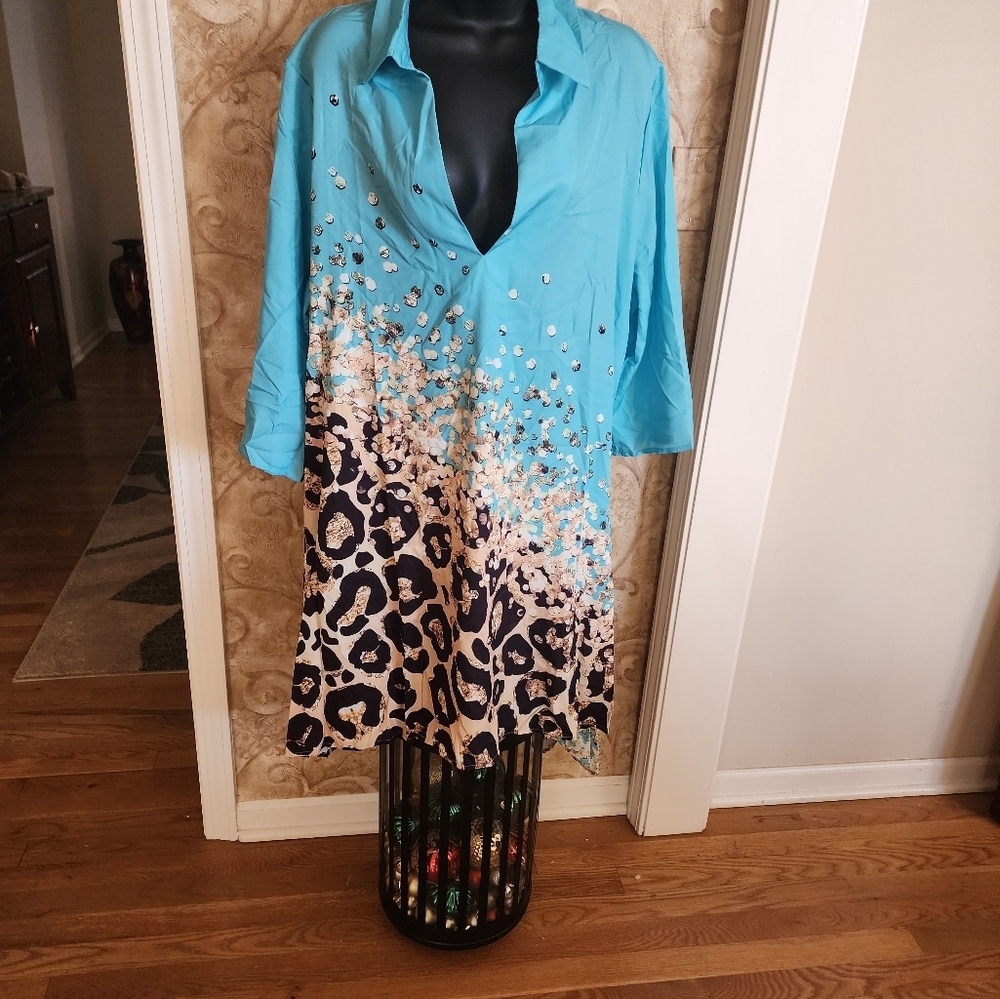 Chic Me NWOT Turquoise Leopard Print Dress 3XL with Flip Flops and earrings - Picture 2 of 6